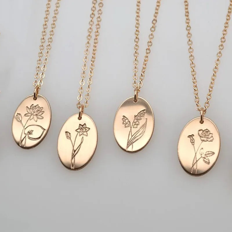 Elegant Month Floral Necklace Custom Gold Plated 925 Sterling Silver Oval Shape Birth Flower Necklace