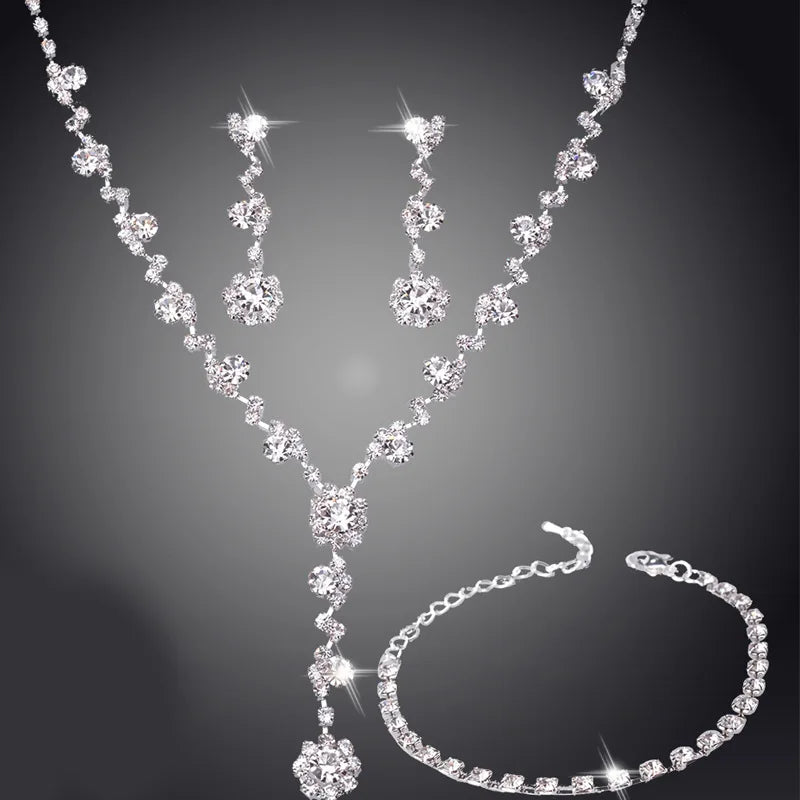 Fashion Bridesmaid Wedding Rhinestone Silver Pendant Necklace Tennis Bracelet Ring Earrings Jewelry Set For Women