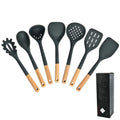7-Piece Silicone Non-Stick Cooking Utensils Set with Egg Beater Pot Wooden Holder-Safe for Home Kitchen Use