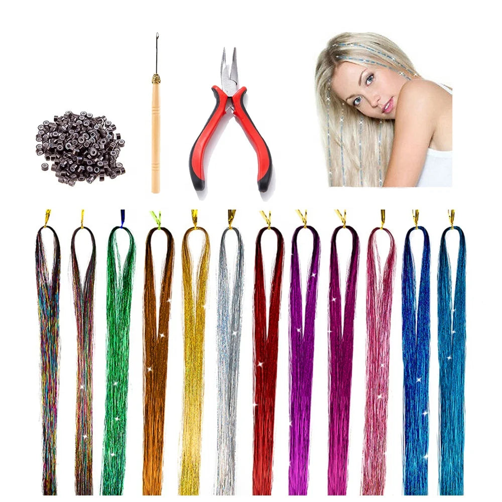 Hot Sale 200pcs Silicone Link Rings Beads 12 Colors 2400 Strands Tinsel Hair Extensions 37inch Glitter Hair Tinsel Kit for Women