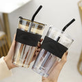 Glass Water Mug 450ML Reusable Travel Coffee Mug with Lid and Straw