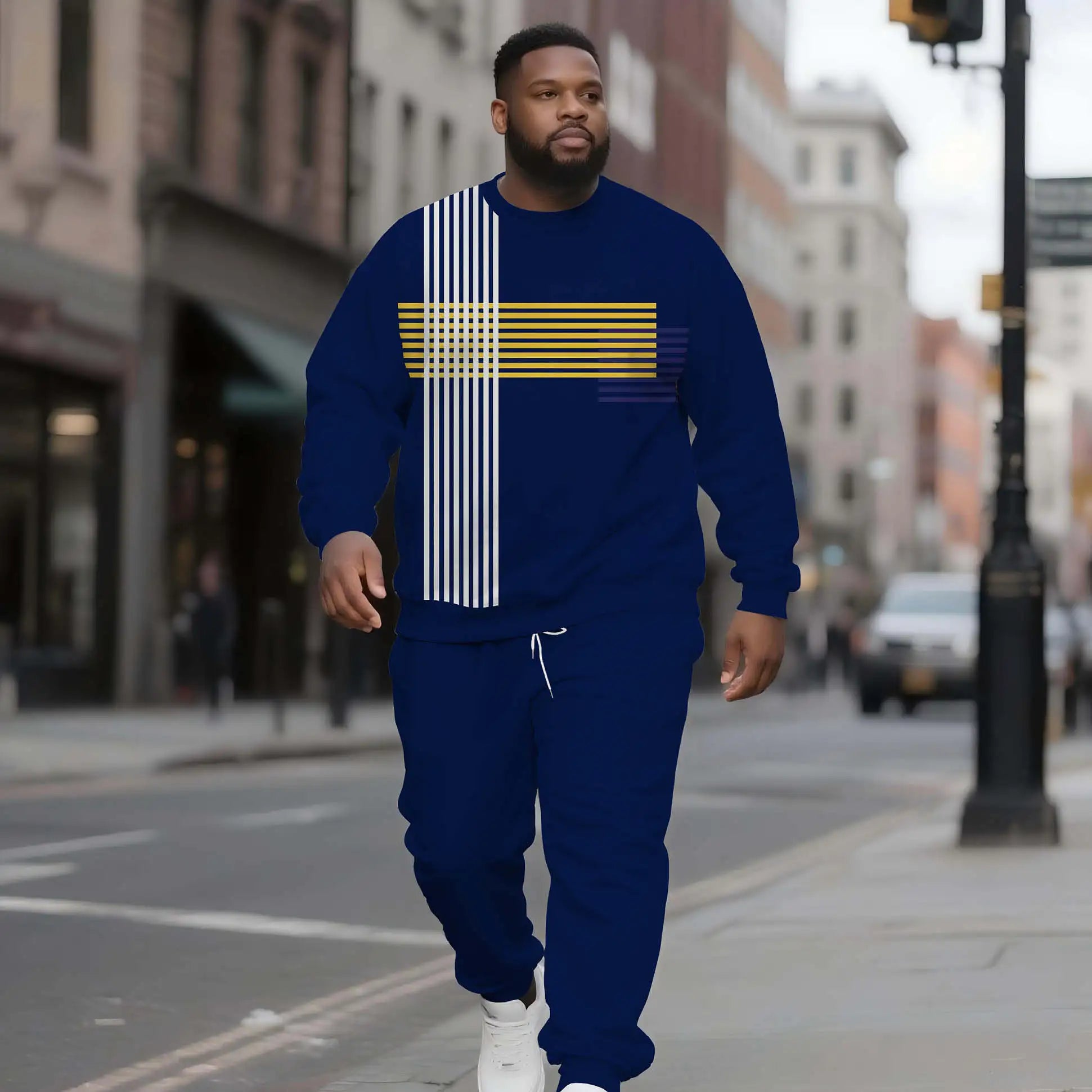 Casual Trendy Men's Crew Neck Sweatshirt Set Low Price Wholesale Striped Color Block Design
