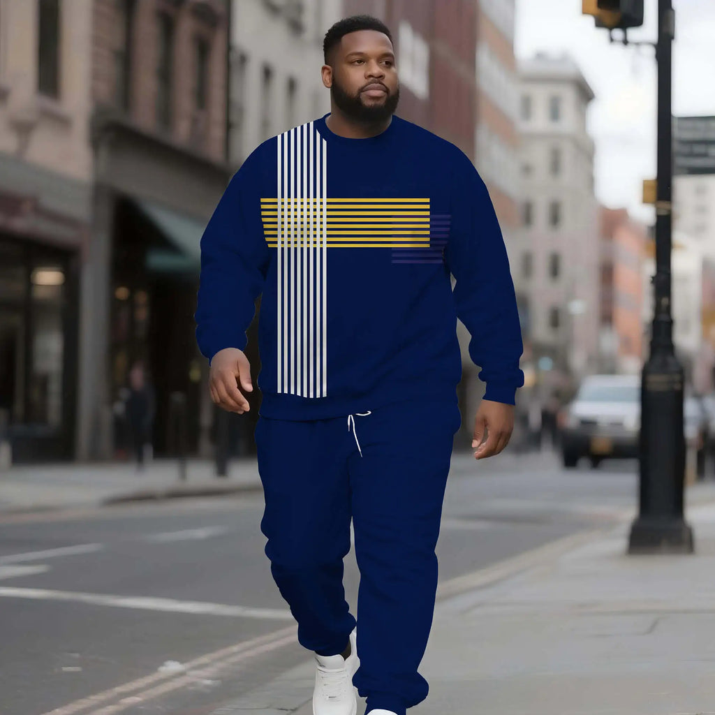 Casual Trendy Men's Crew Neck Sweatshirt Set Low Price Wholesale Striped Color Block Design