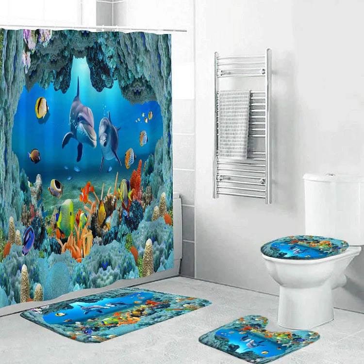 3d Ocean 4 Pcs Shower Curtain Set With Bathroom Accessories Polyester Print Bathroom Shower Curtain Bathroom Set