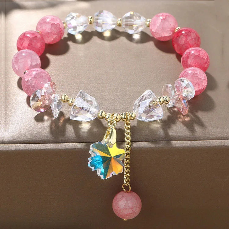 SC Natural Round Cracked Pink Crystal Amethyst Bracelet Clear Flower Charm Bracelet Women Round Beaded Chain Bracelet