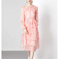 Spring 2024 New Long Sleeve O-Neck Empire Waist A-Line Printed Chiffon Ruffle Sashes Dress Elegant Swing Floor-Length Vintage