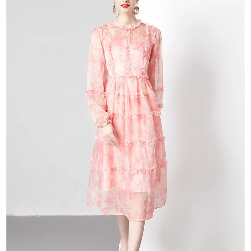 Spring 2024 New Long Sleeve O-Neck Empire Waist A-Line Printed Chiffon Ruffle Sashes Dress Elegant Swing Floor-Length Vintage