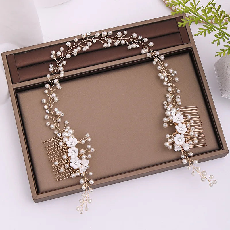 Handmade Gold Pearl Hair Comb Crystal Rhinestone Bridal Headpiece for Wedding Hair Accessories Two Combs Hairband