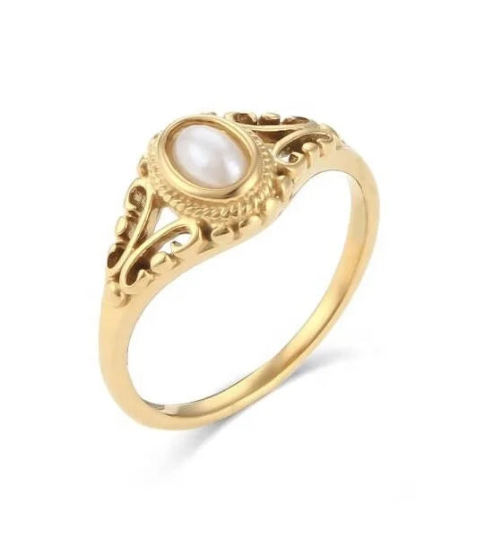 OLAN Wholesale Fashion Jewelry Rings Gold Plated Dainty Freshwater Pearl Wedding Engagement Stainless Steel Ring for Women