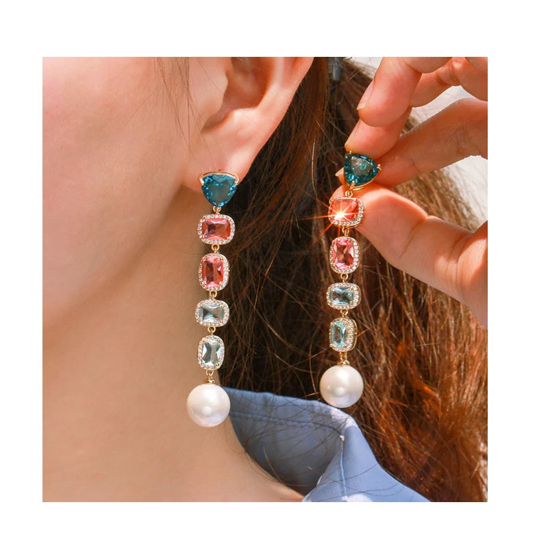 2021 New Korean Long Pearl Tassel Color Gradient Cubic Zirconia Pearl Drop Earring