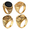 New Arrival Trendy Natural Black Onyx Stone Stainless Steel St Christopher Vitruvian Man Compass Rings Chunky Gem Ring for Men