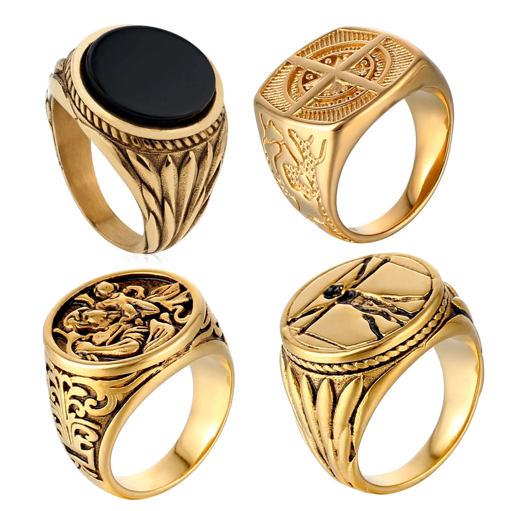 New Arrival Trendy Natural Black Onyx Stone Stainless Steel St Christopher Vitruvian Man Compass Rings Chunky Gem Ring for Men