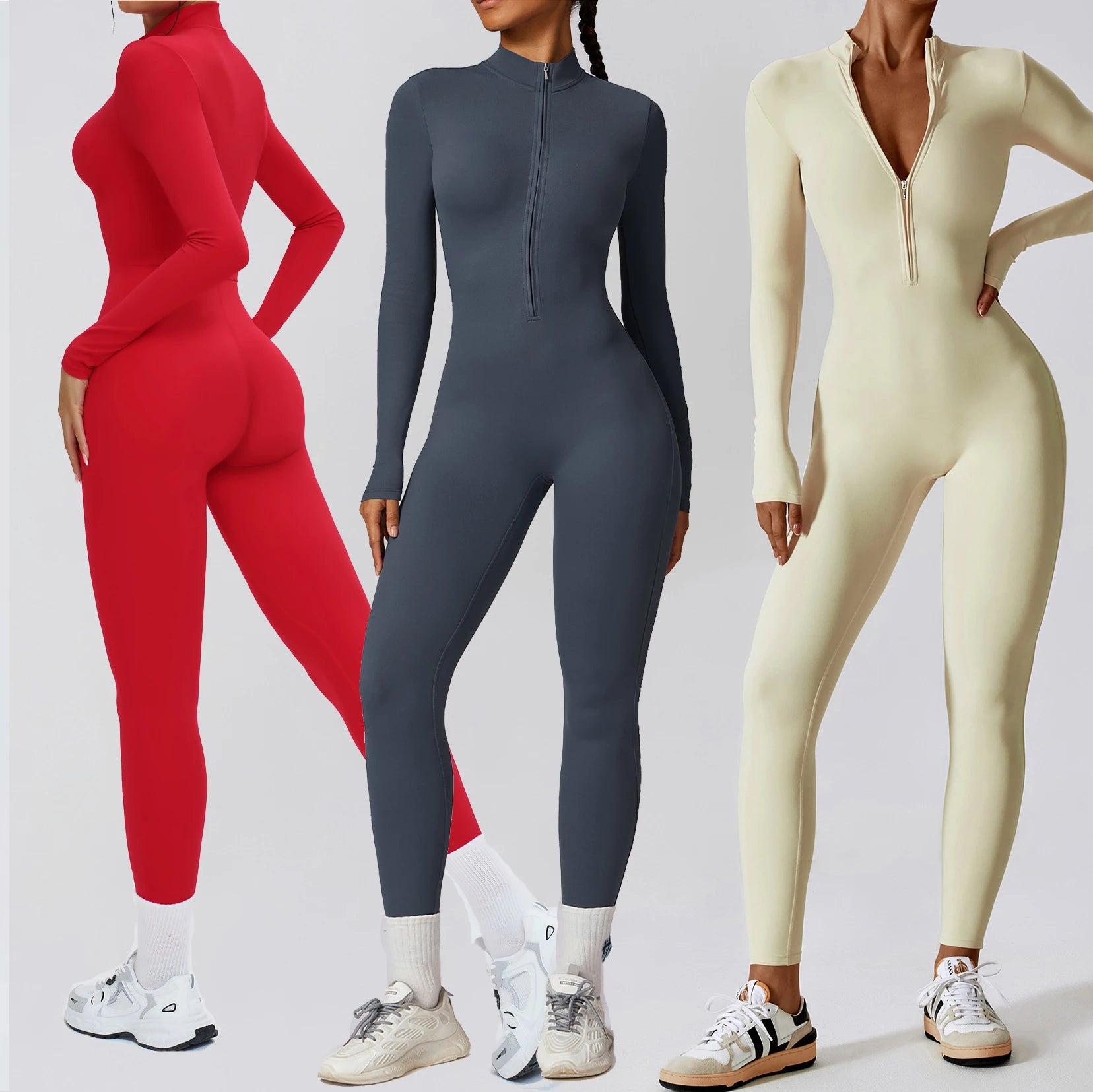 YIYI Fashion Long Sleeves Soft Fabrics Outdoor Rompers Women Half Zipper Comfortable Workout Bodysuits One Piece Yoga Jumpsuit
