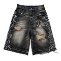 OEM Streetwear Custom Cut Edge Denim Shorts Crystal Rhinestone logo Raw Hem Jorts Distressed Acid Wash Jean Shorts Men