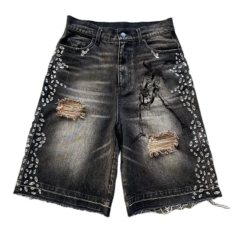 OEM Streetwear Custom Cut Edge Denim Shorts Crystal Rhinestone logo Raw Hem Jorts Distressed Acid Wash Jean Shorts Men
