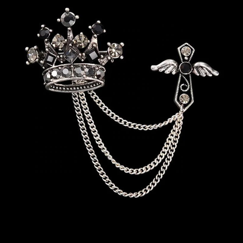 Custom Luxury Vintage Tassel Chain Men's Suit Pins Crystal Rhinestone Mens Crown Fashion Jewelry Designer Metal Brooch