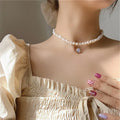 Korean Freshwater Pearl Beaded Necklace Purple Oval Opal Pendant Necklace