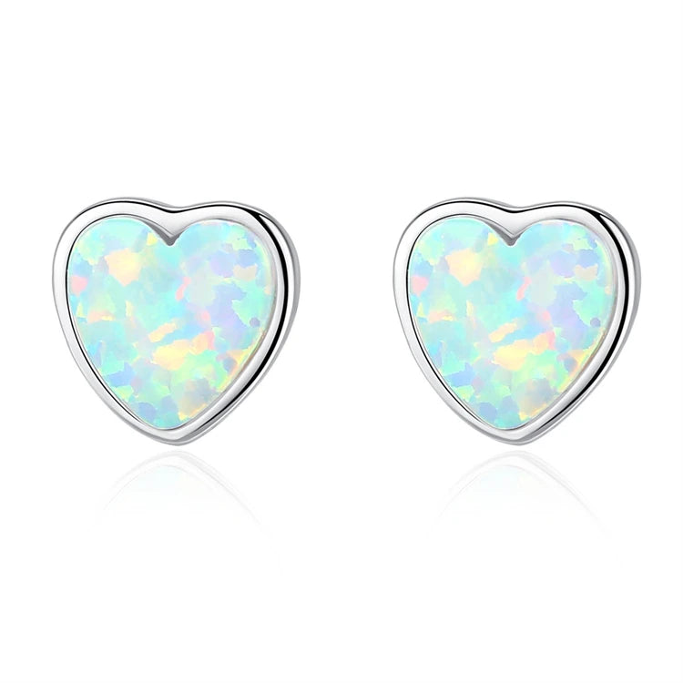 Fine Jewelry 925 Sterling Silver Heart Shape Natural Opal Stud Earrings For Women Girls