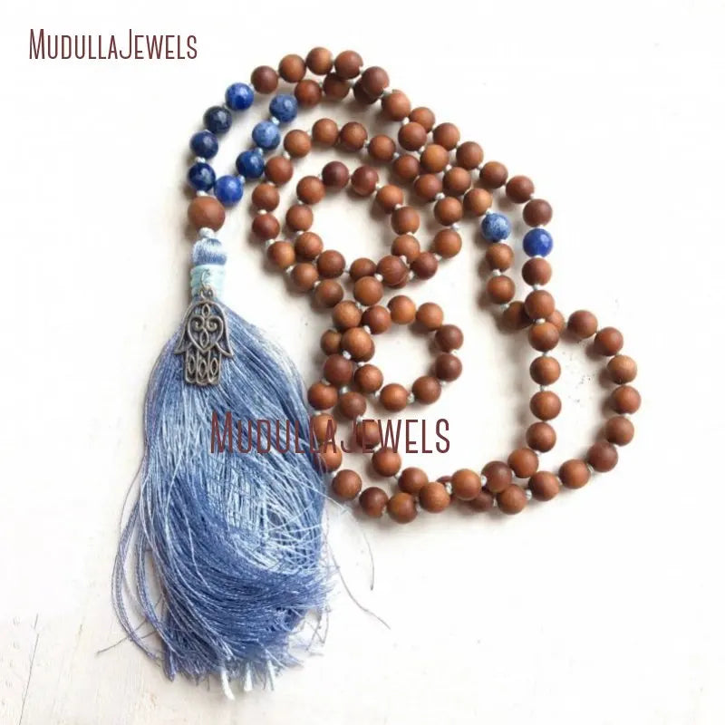 MN35049 Self Acceptance Mala Sandalwood Sodalite Mala Necklace Knotted Between Beads 108 Beads Mala