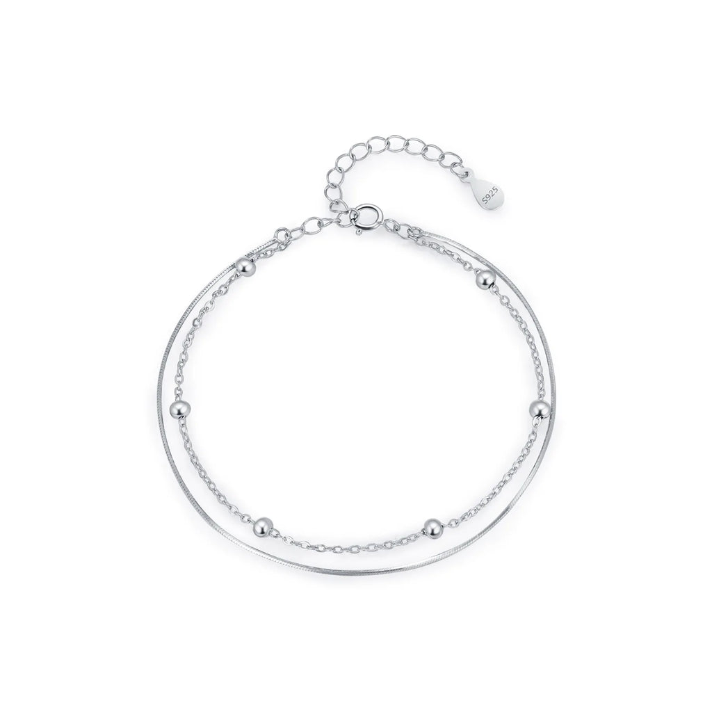 S925 Sterling Silver Double Layer Bracelet Minimalist Snake and Beaded Chain Adjustable Jewelry for Women