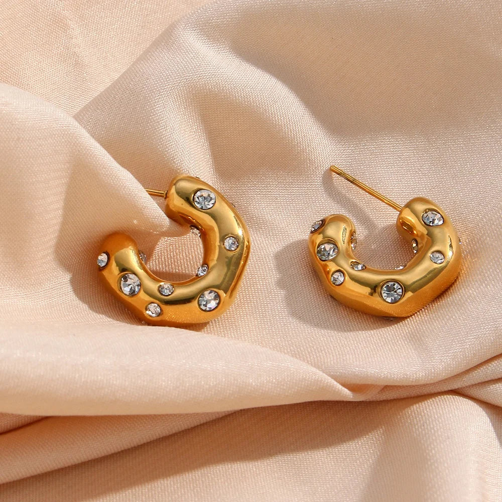 Dreamshow Non Tarnish Gold Plated Chunky C Shaped Zircon Hoop Earring Hypoallergenic Stainless Steel Hoop Earrings