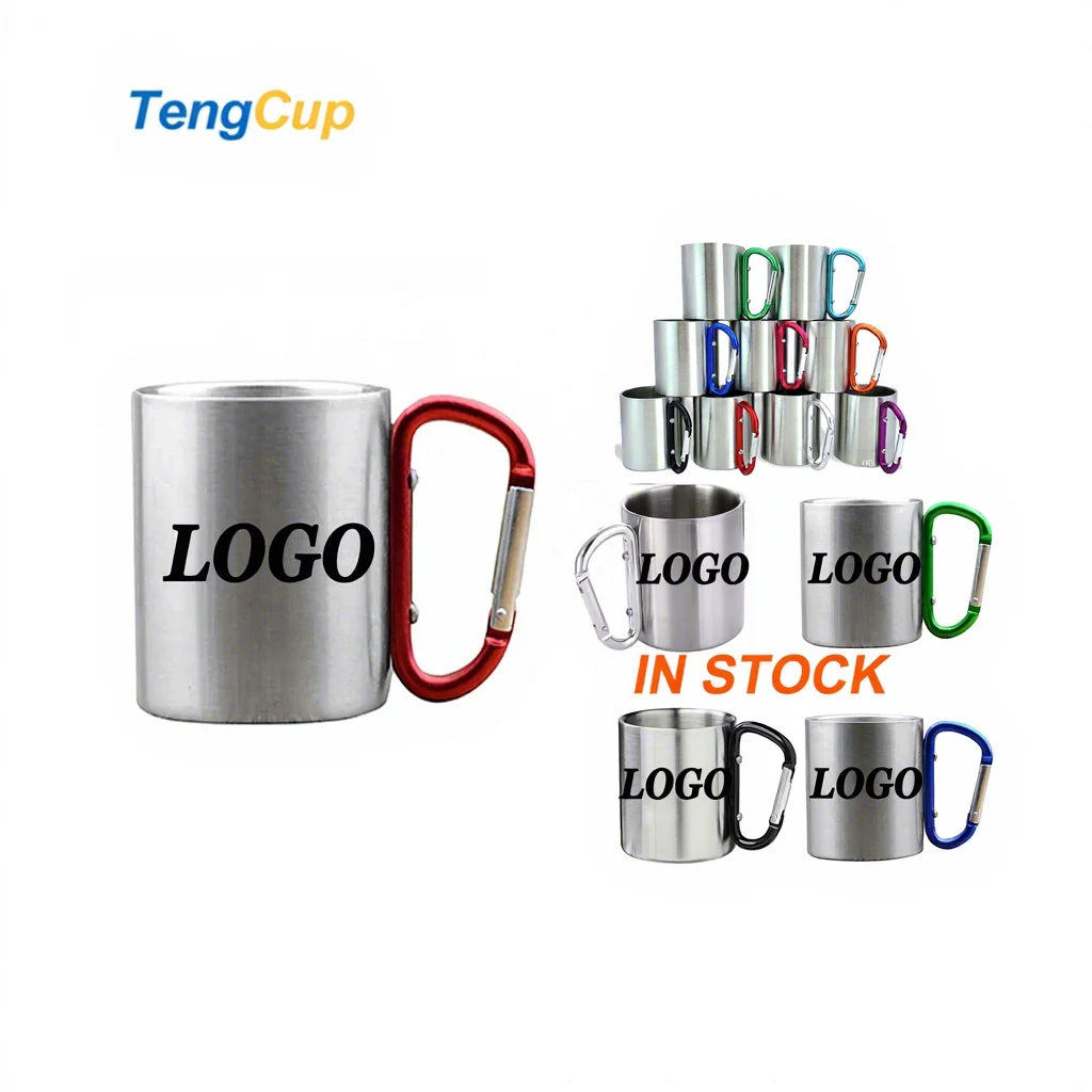 TY 200/300ml in Stock Stainless Steel Metal Cup Hiking Traveling Outdoor Carabiner Climbing Cups Double Wall Mug With Carabiner