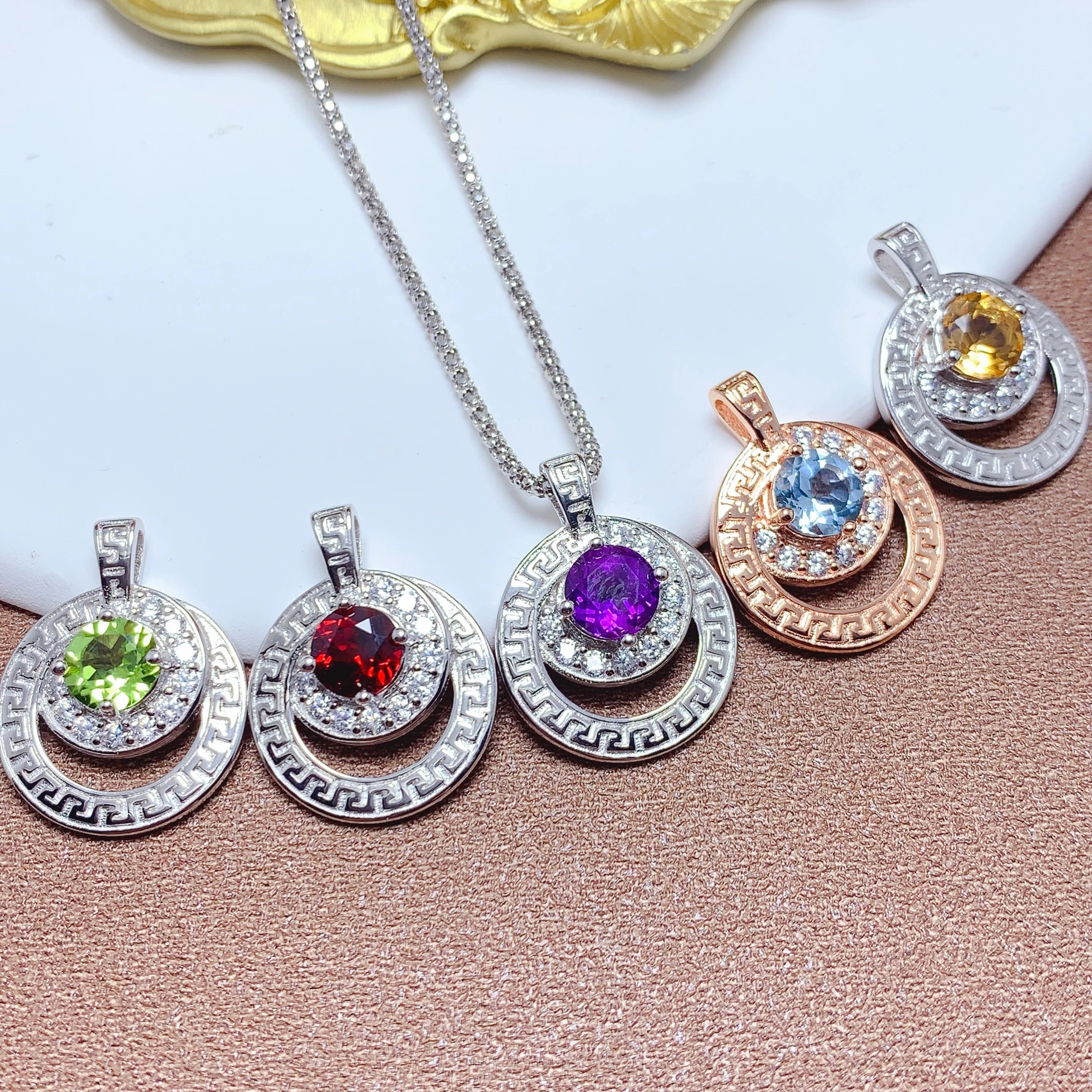 Hot Popular Arabic Gold Saturn 925 Sterling Silver Round Cut Natural Gemstone Tennis Chain Necklace Pendant