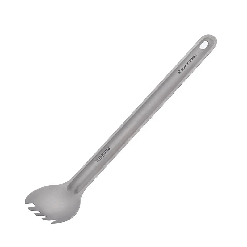 Outdoor Camping Pure Titanium Long Handle Spork With Sandlasting Bowl 215mm