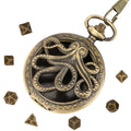 Gray Bronze Micro Metal D&D DnD Dice Set Bulk with Vintage Octopus Cthulhu Pocket Watch Case Box and Chain for Men Gift