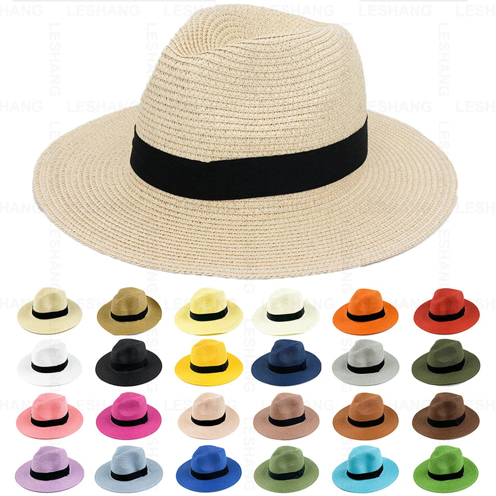 Unisex Spring Summer Breathable Sun Straw Braid Floppy Fedora Beach Panama Cap Straw Hats With Wide Brim Custom logo Caps