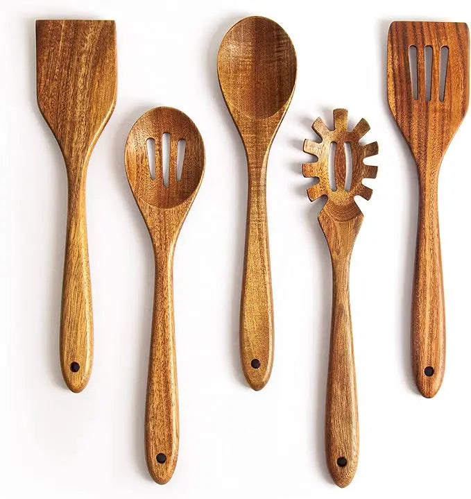 Factory Custom Acacia Wooden Spoons for Cooking 5-Piece Kitchen Cooking Utensils Set Wooden Spatula Slotted Pasta Spoon
