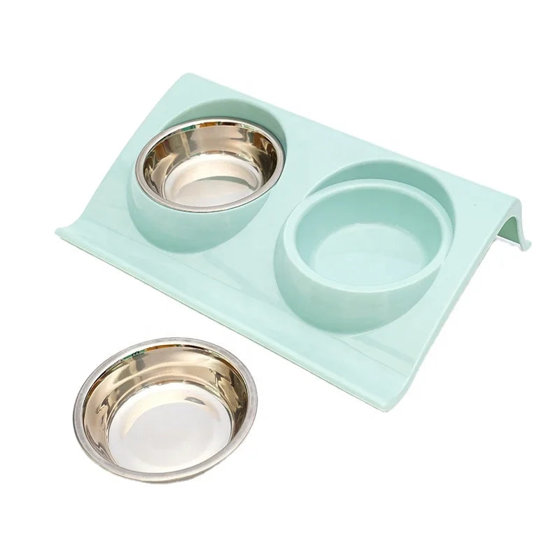 Wholesale Price No Spill Non-Skid Stainless Steel Pet Cat Dog Food and Water Feeding Double Two Bowls