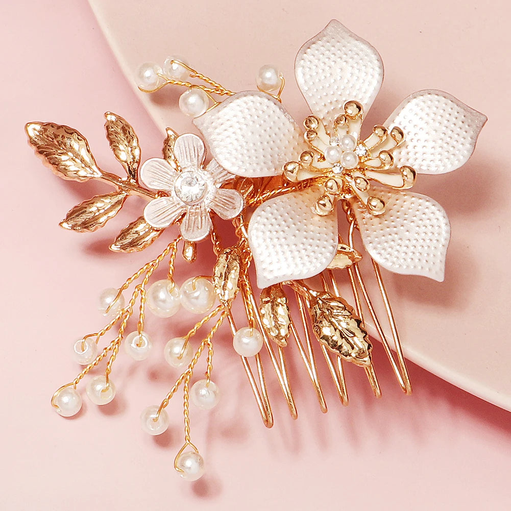 Fashion Handmade Pearl Bridal Comb Gold Flower Luxury Wedding Hair Accessories Jewelry Bridal Headpiece