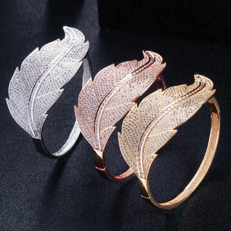 Luxury Women Wedding Jewelry Cubic Zirconia Leaf Shape Big Wide African Dubai Rose Gold Open Cuff Bangles Bracelet Gifts