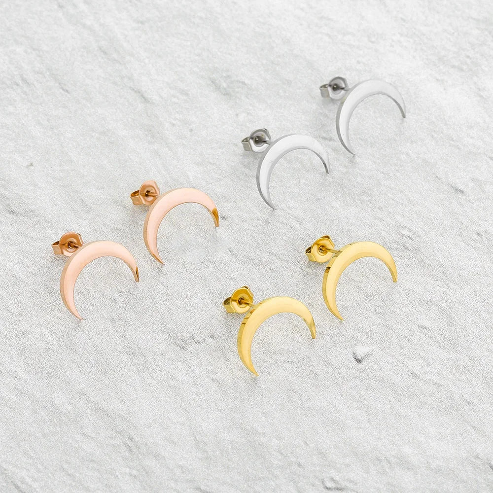 Best Gift for Unisex QYRY 18K Gold Plated Stainless Steel Moon Stud Earrings Dainty Design