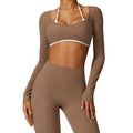 Women's Elastic Long Sleeve Yoga Legging and Tops Set Solid Pattern Quick Dry Size XL Spandex Material Cropped V Cut