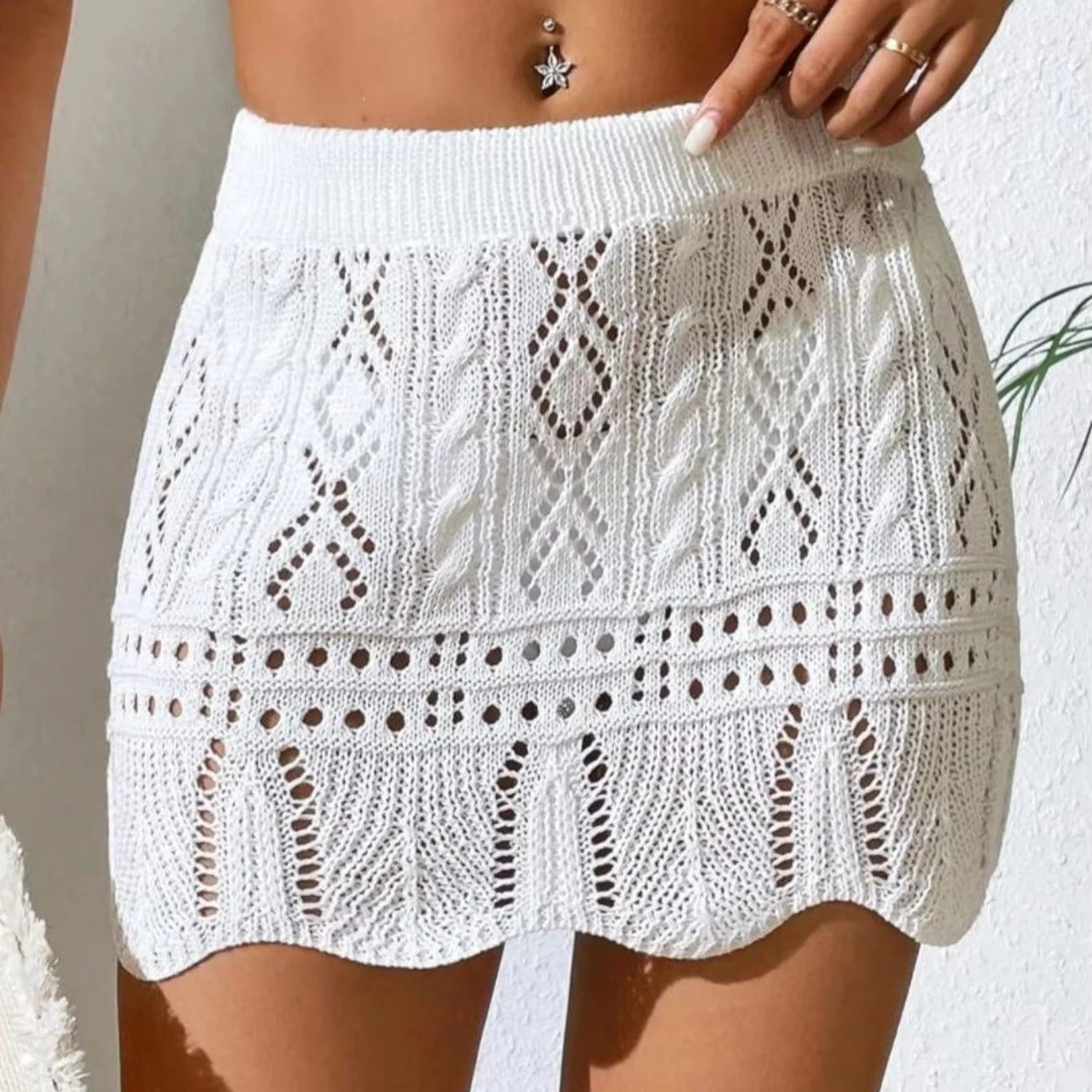 Hot Sale Women's Casual Bandage Knitted Short Skirt Swimwear Cover-Up Crochet Hollow Out Shell Lace Beach Skirt