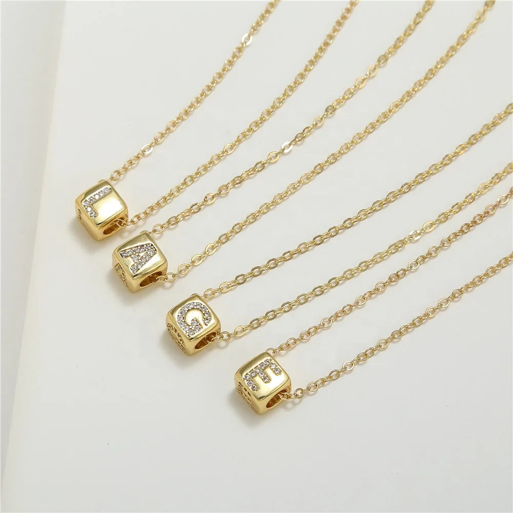 Vintage Copper Inlaid Zircon Cube Pendant Gold Plated Chain Choker Necklace Alphabet 26 Capital Initial Letters Necklace