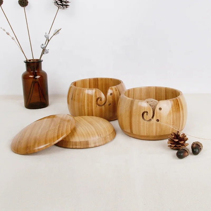 Modern Eco-Friendly Bamboo Yarn Bowl Carved Yarn Storage Bowls Cloth Organizer with High Quality