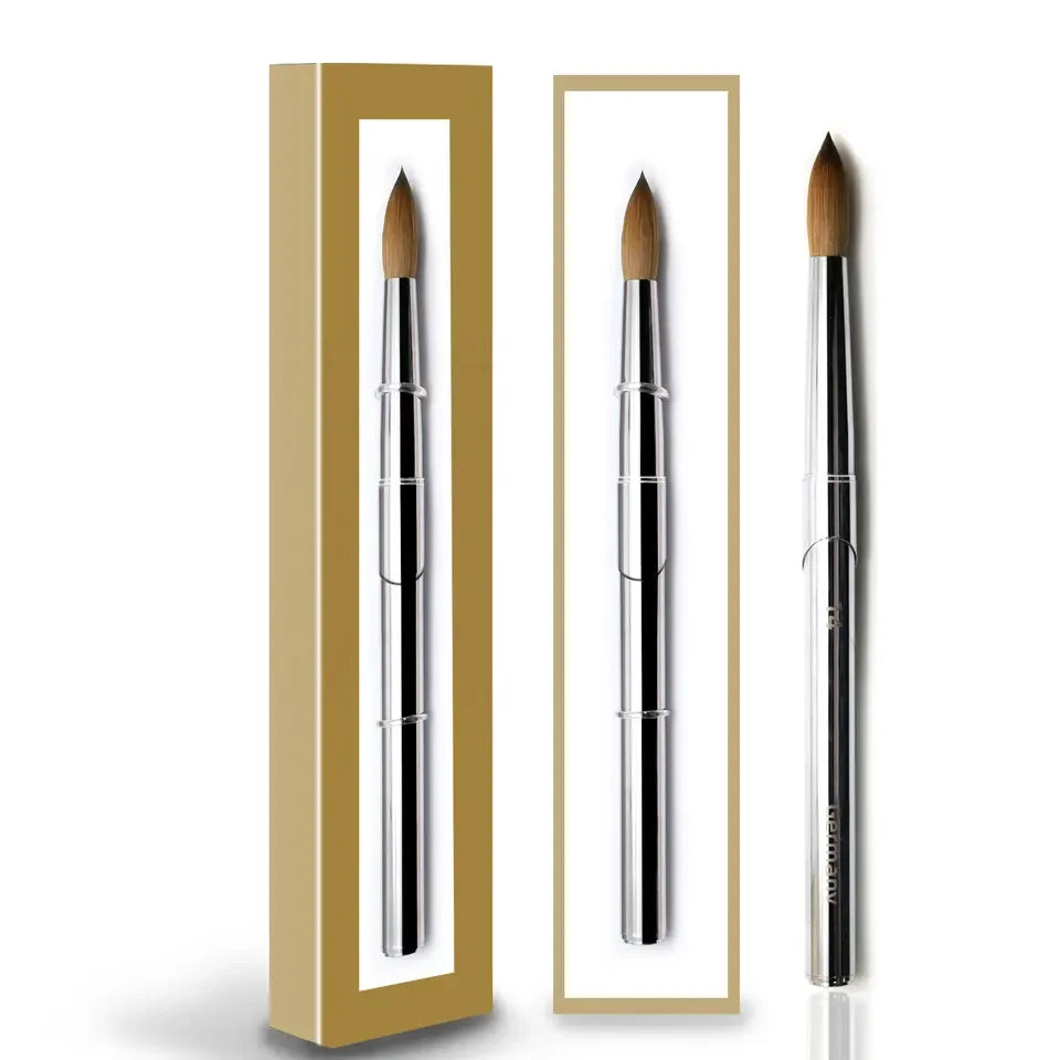 High Quality New Sliver Metal Handle 100% Pure Kolinsky Acrylic Brush Design Round Crimped Flat 3D Acrylic Brush for Manicure