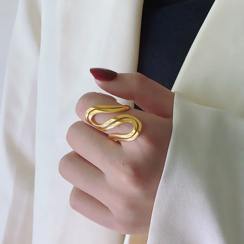 Hollow Line S Shape Stainless Steel  Waterproof Finger Rings Real Gold Plated Personality Geometric Jewelry
