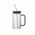 Koi INS glassware Transparent Crystal Tumbler Colored Handle Water square Glass Cup with Bamboo Lid and Straw