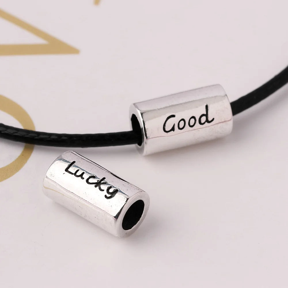 11*6.4mm Simple 925 Sterling Silver Big Hole Good Lucky Words Glossy Barrel Spacer Beads for Jewelry Making Finding