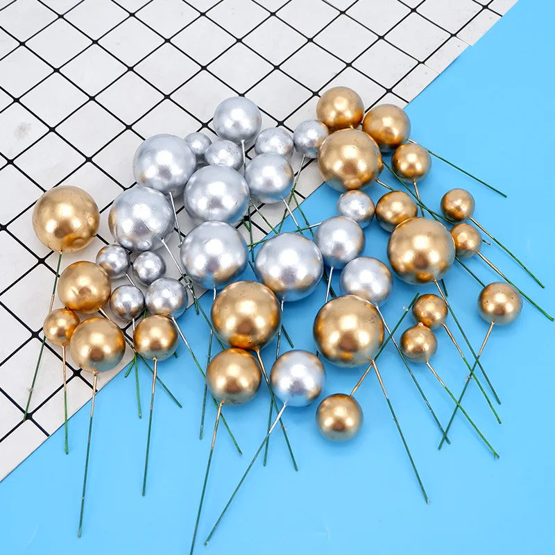 Ychon Set of 5pcs Foam Gold Ball Balloon Mini Cupcake Toppers Silver Bake Ware DIY Cake Topper for Birthday
