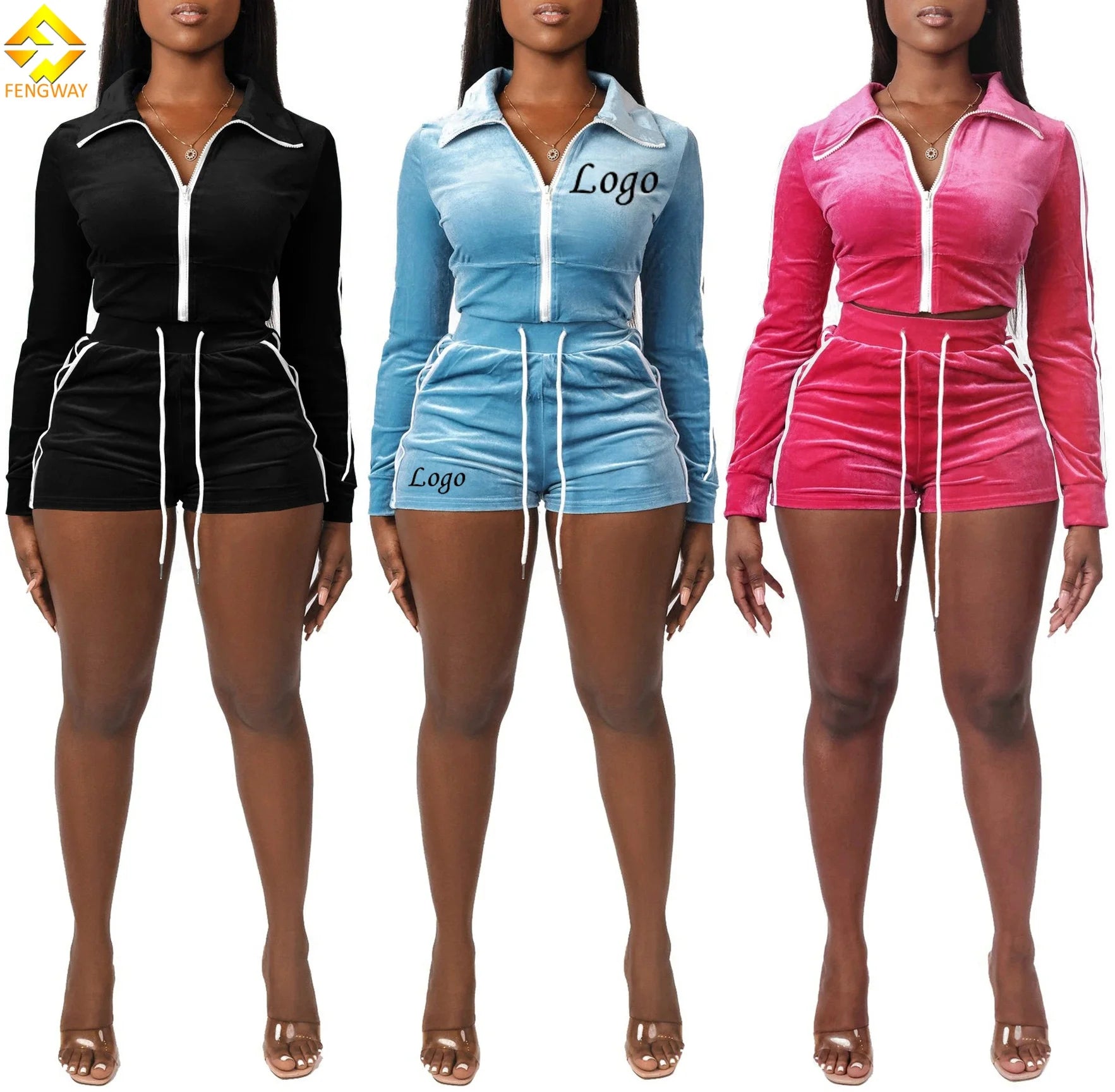 Custom Logo 2025 Xs New Arrivals Velvet Velour Crop Jacket Matching Shorts Tracksuit Two Piece Short Set Women Outfits
