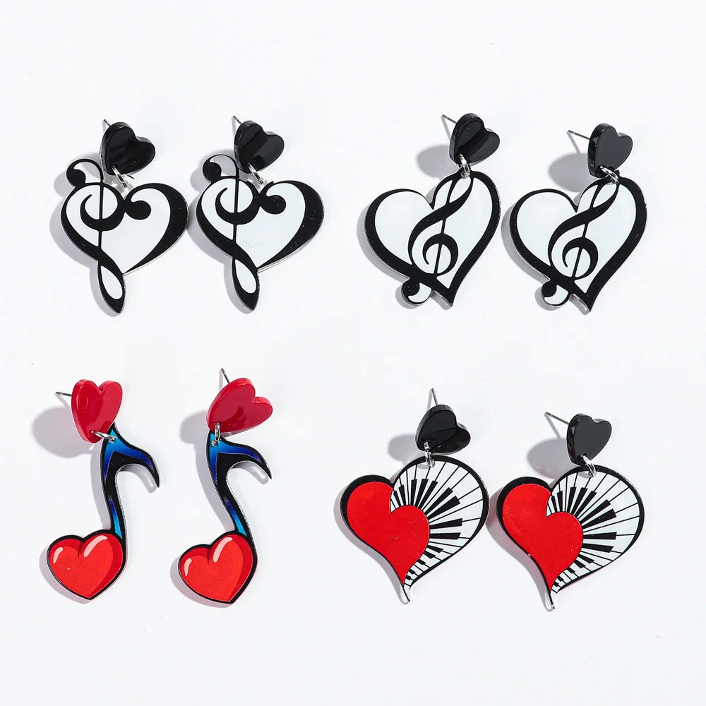 Fashion Creative Piano Keyboard Musical Note Heart Shape Earrings Elegant Musical Acrylic Earrings for Women