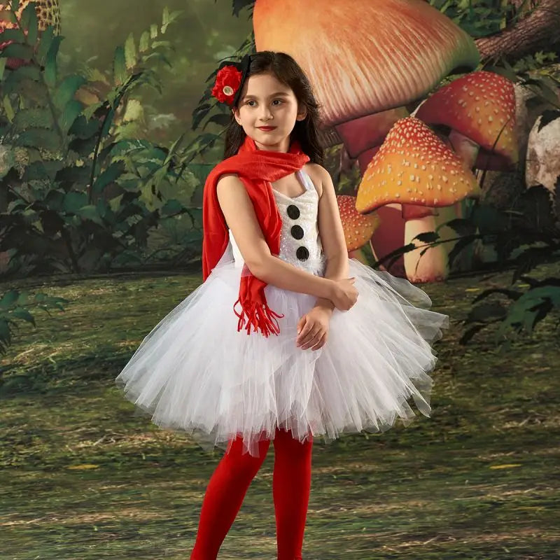 2026 Hot Selling Child Snowman Festival Party Costume Kids White Tutu Dress With Headwear Christmas Clothing for Girls