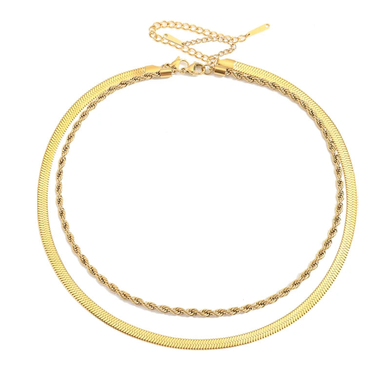 Stainless Steel 14K Gold Plated Double Layers 4mm Wide Twist Chain Necklace Titanium Steel Layered 5mm Wide Snake Chain Necklace