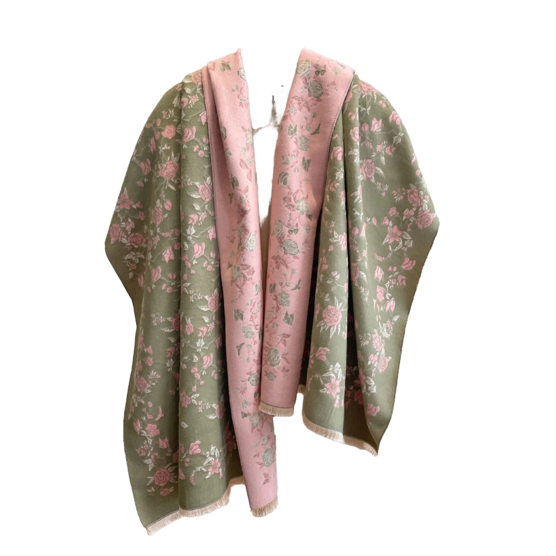 BESTELLA Women's Winter Wool Cashmere Jacquard Scarf Long Warm Pashmina Shawl Poncho Cape Small Floral Pattern Printed Polyester
