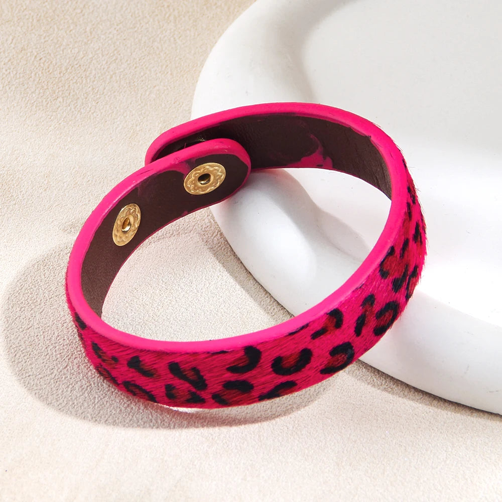 New Fashion Bohemian Women Daily Wearing Jewelry Multicolor Horse Hair Leopard Print PU Leather Adjustable Bracelet Y2K